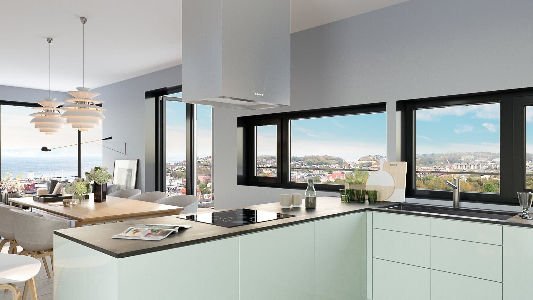 Moderne kjøkken med panoramautsikt